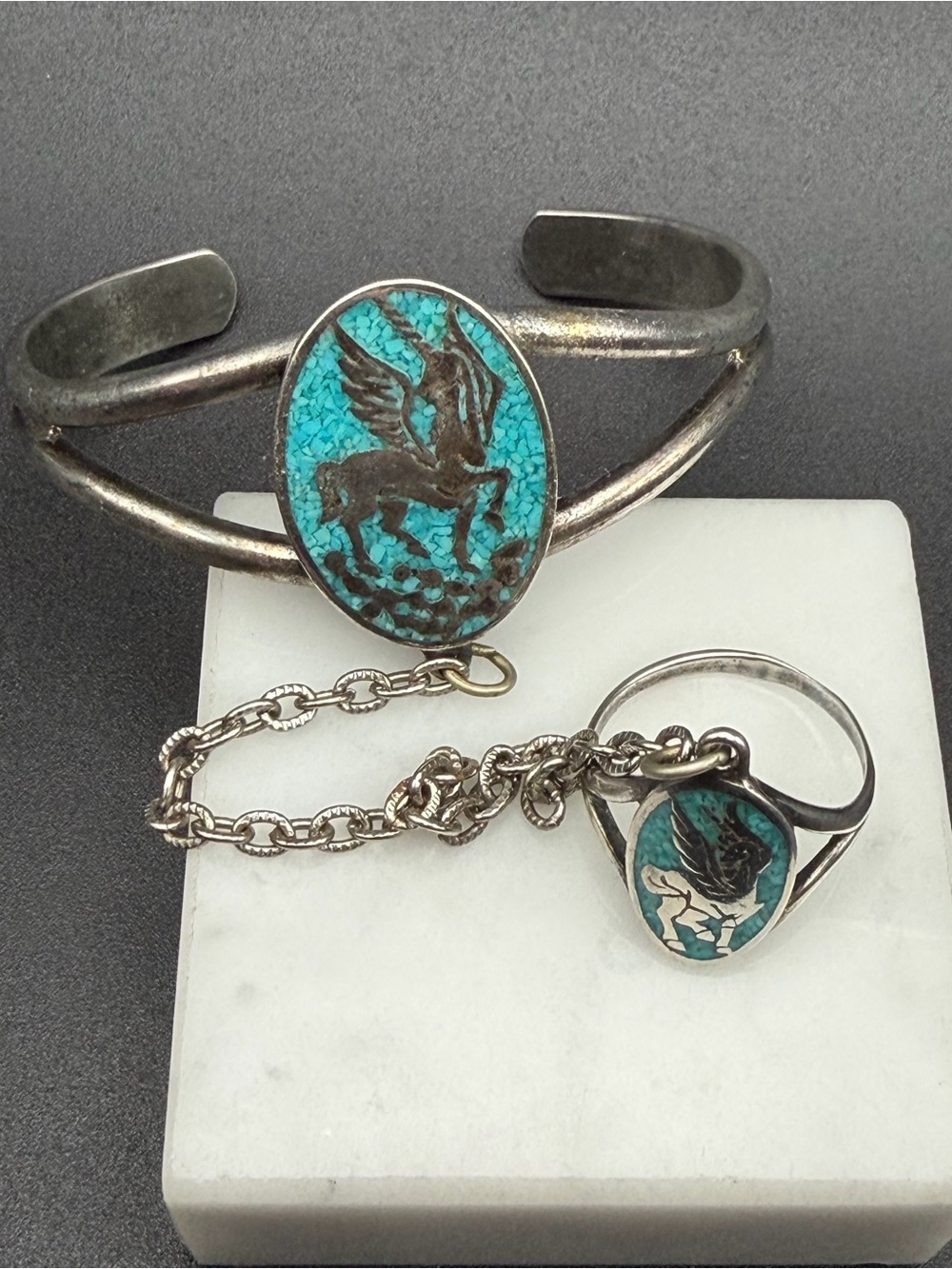 Vintage G&S Pegasus Slave Bracelet Cuff, Chain, & Size 8 Ring #E450 turquoise
